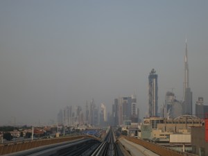 Heading back into central Dubai on the metro, with the Burj Khalifa on the right