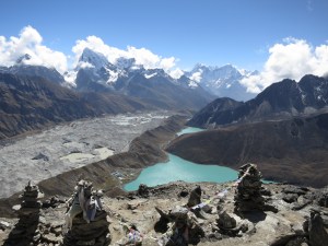 Looking down the Gokyo Valley, over Gokyo and Third Lake and the Gokyo Glacier and beyond, from the summit of Gokyo Ri