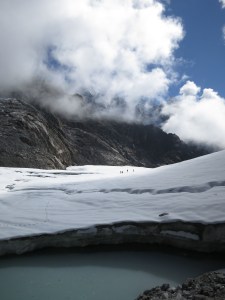 The snow-covered glacier on the other side of the Chola Pass