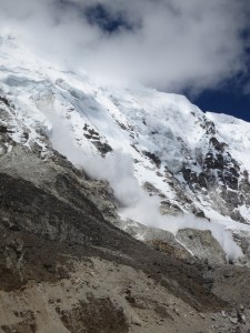 An avalanche next to the Khumbu Glacier, en route to Base Camp