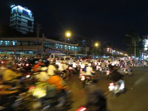 The chaos of night-time traffic at one of Saigon's main intersections The chaos of night-time traffic at one of Saigon's main intersections