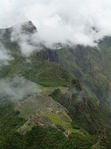Machu Picchu with Machu Picchu Mountain in the background, seen from Huayna Picchu