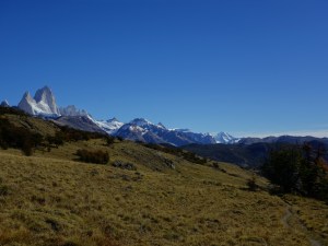 A slightly more distant – but cloudless – view of Mount Fitz Roy, from partway along the trail out to Mirador Loma del Pliegue Tumbado A slightly more distant – but cloudless – view of Mount Fitz Roy, from partway along the trail out to Mirador Loma del Pliegue Tumbado