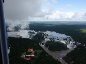 An overview of all of the Iguazú Falls from a helicopter